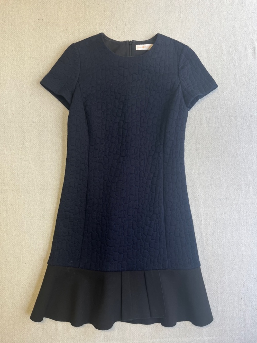 Tory Burch Textured Knit Drop Waist Flounce Hem Mini Dress Small Navy